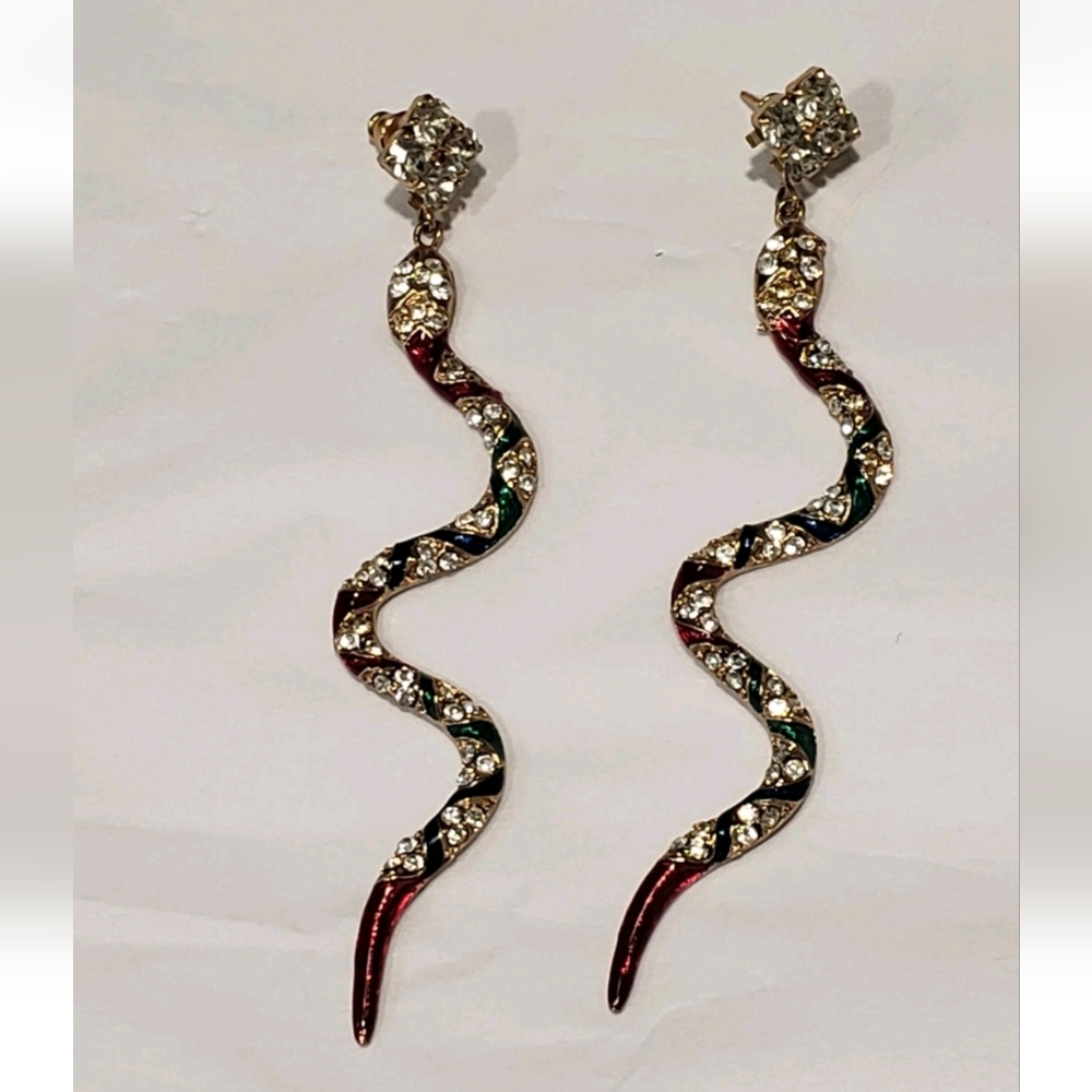 Vintage Goldtone Rhinstone Multi Colored Enamel Dangle Snake Earrings